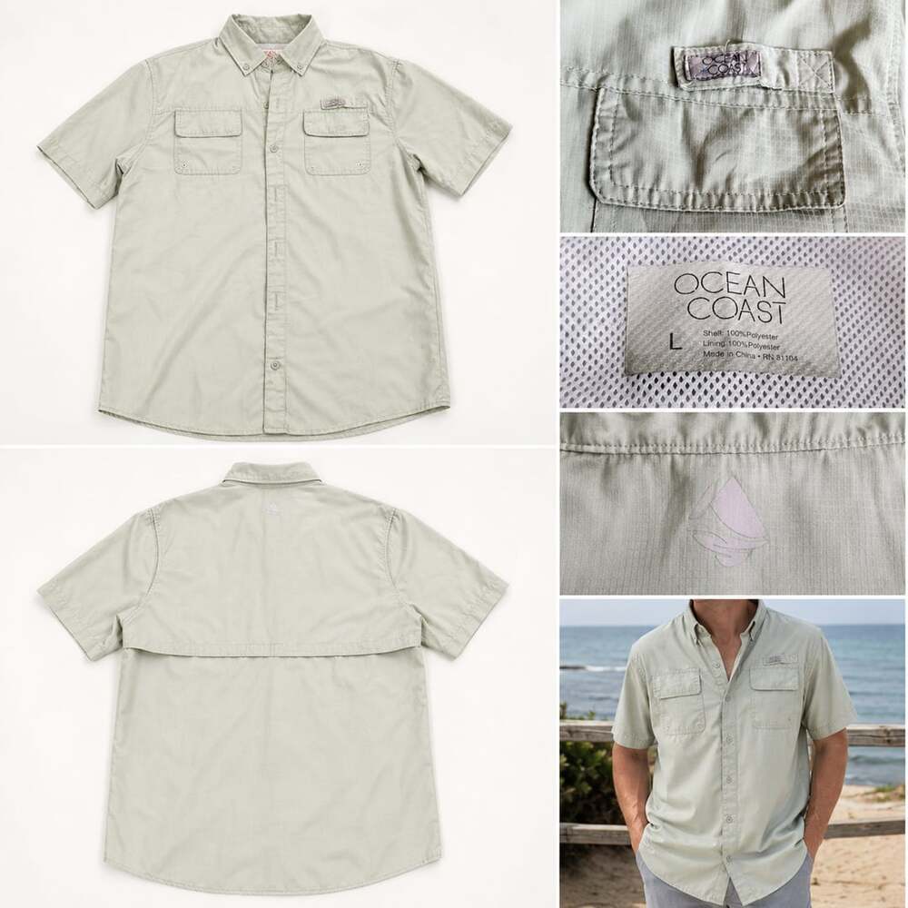 Ocean Coast Men's Short Sleeve Button Down Fishing Shirt Light Green Size Large